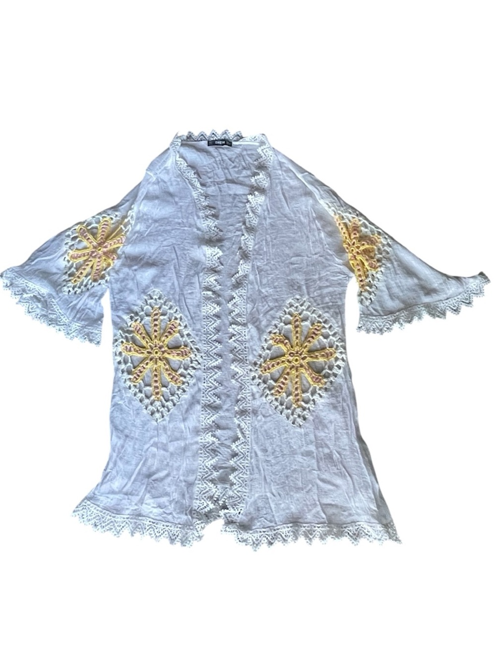 White Open Front Robe / Swim Coverup with Yellow Crochet Floral Detail Sz M